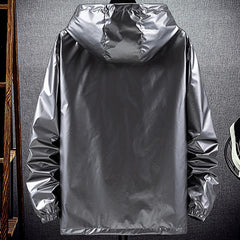 Men Hooded Jacket Zipper Solid Fashion Bright Black Silver Color Hoodies Waterproof Spring Autumn Elastic Cuff Coat Streetwear