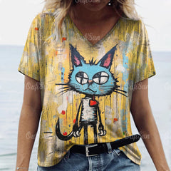 Summer Women’s Cat Print T-Shirt – Casual 3D Short Sleeve Crew Neck Pullover, Oversized Streetwear