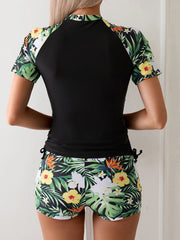 Women's 2-Piece Surfing Swimsuit – Short Sleeve Drawstring Print Swimwear Set