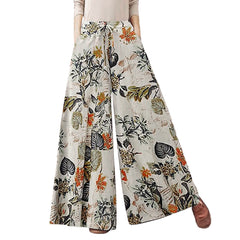 Women'S Casual Floral Printed Pants Belt Elastic Waist Wide Leg Pants Pocket Long Wide Leg Trousers Pantalones De Mujer 바지