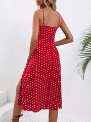 Women's Polka Dot Spaghetti Strap Summer Dress – Sleeveless Slit Midi Dress | Boho Casual Beachwear