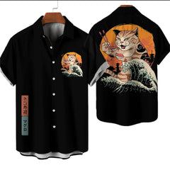 Men’s Samurai Cat Anime Hawaiian Shirt – Casual Short Sleeve Loose Fit Summer Top | Cool Graphic Streetwear Blouse