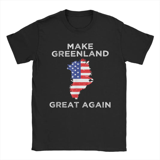 Make Greenland Great Again" Map T-Shirt – Pure Cotton Crewneck, USA Flag Design, Plus Size Short Sleeve Tee