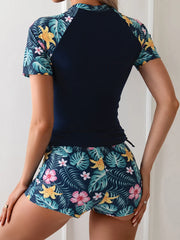 Women's 2-Piece Surfing Swimsuit – Short Sleeve Drawstring Print Swimwear Set