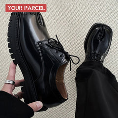 Black Glossy Tabi Shoes for Men: Split Toe Leather Derby | British Retro Platform Sole Niche Design | Luxury Low-Top Lace-Up Loafers for Men
