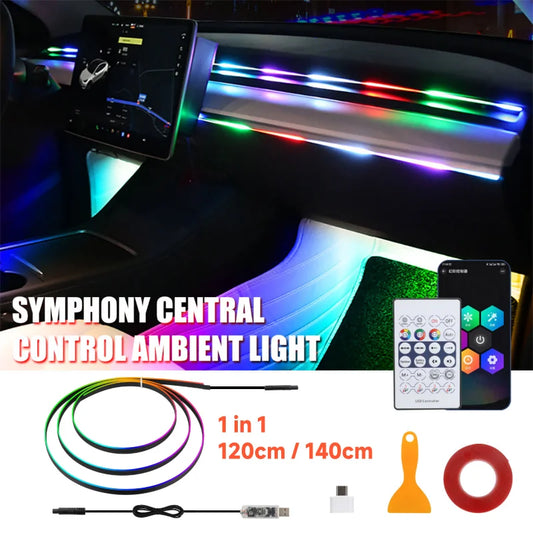 110/140cm Car Ambient LED Lights – RGB Symphony Atmosphere Lamp for Tesla Model 3/Y/S/X with USB APP & Remote