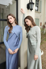 Spring Summer Women’s Elegant Satin Maxi Dress with Knitted Top | 2-Piece Floor-Length Outfit Set