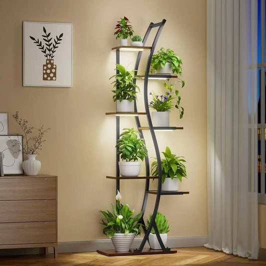 62" Tall 7-Tier Metal Plant Stand with Grow Light - Curved Corner Shelf for Indoor Plants & Flowers