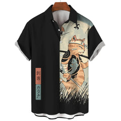 Men’s Samurai Cat Anime Hawaiian Shirt – Casual Short Sleeve Loose Fit Summer Top | Cool Graphic Streetwear Blouse