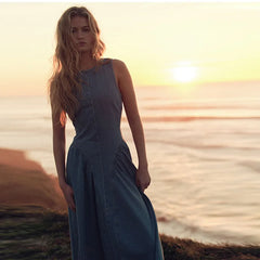 Women's Sleeveless Backless Denim Dress – Casual Round Neck, Lace-Up, High Waist, Zipper Closure | Sexy Summer High Street Style