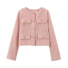 Women Elegant Cropped Jacket Women's Fashion Jacket O-Neck Long Sleeved Flip Pocket Coat Female Casual Outwear Tops