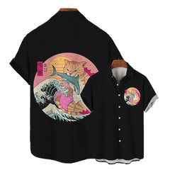 Men’s Samurai Cat Anime Hawaiian Shirt – Casual Short Sleeve Loose Fit Summer Top | Cool Graphic Streetwear Blouse