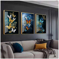 Big Yellow Butterfly & Abstract Golden Blue Butterfly Wall Art – Modern Prints for Living Room Decoration