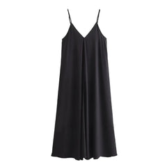 Summer Women's Loose Sleeveless Black Long Dress – Thin Straps, Backless Beach Holiday Maxi Dress