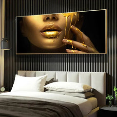 Large Black Woman Portrait with Gold Lips – Modern Oil Painting Poster for Home Wall Decoration (Unframed)