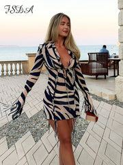FSDA 2022 Print Long Sleeve Mini Summer Beach Dress Ruffles Mesh Sexy Party Dresses Bodycon Bandage See Through 90s Club