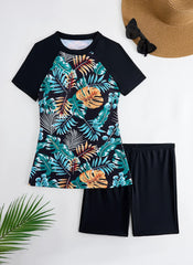 Women's 2-Piece Surfing Swimsuit – Short Sleeve Drawstring Print Swimwear Set
