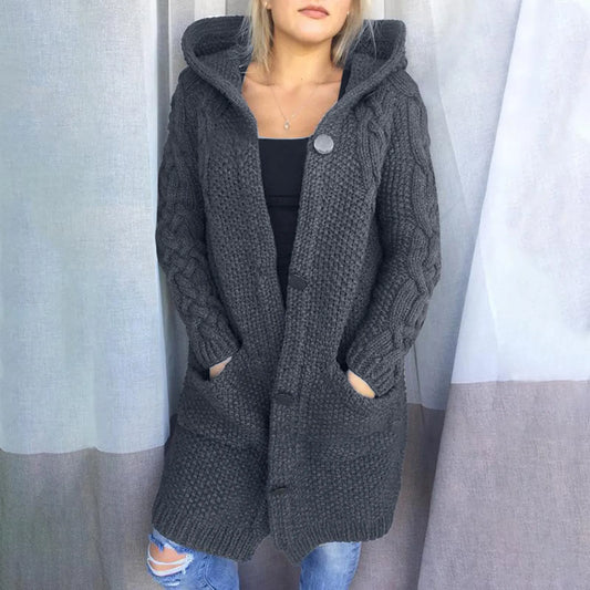 Autumn Winter Fashion Long Sweater Women Hooded Thickened Medium Female Knitted Cardigan