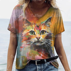 Summer Women’s Cat Print T-Shirt – Casual 3D Short Sleeve Crew Neck Pullover, Oversized Streetwear