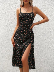 Women's Polka Dot Spaghetti Strap Summer Dress – Sleeveless Slit Midi Dress | Boho Casual Beachwear