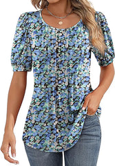 Women's V-Neck Tunic Top – Puff Pleated Short Sleeve Summer Blouse | Casual & Workwear Fashion Shirt