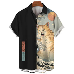 Men’s Samurai Cat Anime Hawaiian Shirt – Casual Short Sleeve Loose Fit Summer Top | Cool Graphic Streetwear Blouse