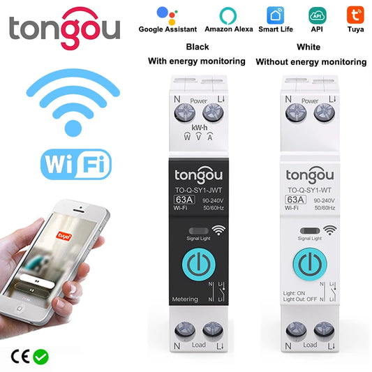 SmartLife WiFi Energy Meter & Circuit Breaker by TONGOU | 16A Single Pole DIN Rail Smart Switch | Wireless Remote Power Control & Electricity Usage Tracker