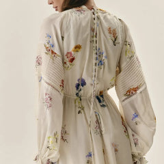 Sweet Floral Printed Backless Maxi Dress for Women – Lantern Sleeve, High Waist Long Robe | Summer Vacation Outfit