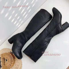 Women’s Knee-High Tabi Boots – Loose Fit Matte Black Leather Long Boots with Round Chunky High Heels | Split Toe Ankle-to-Knee Zipper Booties, British Style