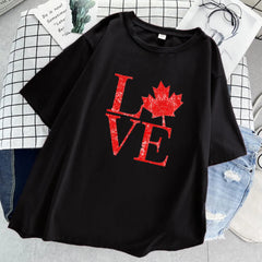 Love Canada T-Shirt – Maple Leaf Graphic & Letter Design, Black Casual Short Sleeve Tee for Women (Harajuku Style)