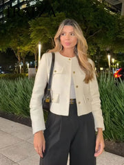 Women Elegant Cropped Jacket Women's Fashion Jacket O-Neck Long Sleeved Flip Pocket Coat Female Casual Outwear Tops