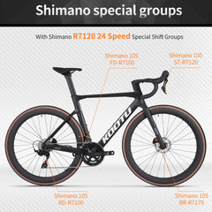 KOOTU Full Carbon Fiber Road Bike – Ultra-Light Pure Oil Disc Brake Bicycle with SHIMANO R7120 24-Speed Components | Performance Cycling for Adults
