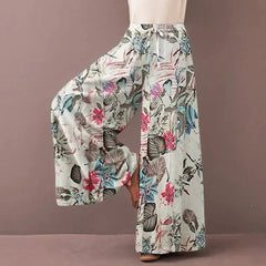 Retro Women Printing Wide Leg Pants Spring Autumn Fashion Drawstring Elastic Waist Trousers Ladies Casual Loose Pocket Pantalon