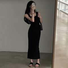 CIBBAR Basic Knit Long Dress – Korean Fashion Square Collar Sleeveless Women’s Casual Summer Y2K Vintage Outfit