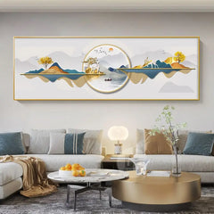 Chinese Style Golden Leaves & Deer Canvas Painting – Feng Shui Mountain Wall Art for Living Room (Unframed)