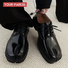 Black Glossy Tabi Shoes for Men: Split Toe Leather Derby | British Retro Platform Sole Niche Design | Luxury Low-Top Lace-Up Loafers for Men