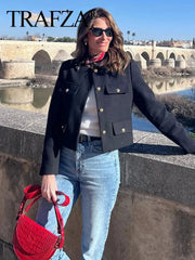 Women Elegant Cropped Jacket Women's Fashion Jacket O-Neck Long Sleeved Flip Pocket Coat Female Casual Outwear Tops