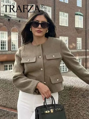 Women Elegant Cropped Jacket Women's Fashion Jacket O-Neck Long Sleeved Flip Pocket Coat Female Casual Outwear Tops