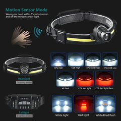 High Power LED Headlamp – 7 Modes XPE+COB Sensor Headlight with 18650 Battery for Fishing & Hunting