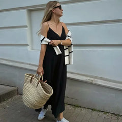 Summer Women's Loose Sleeveless Black Long Dress – Thin Straps, Backless Beach Holiday Maxi Dress