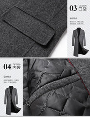 2024 Autumn and Winter Boutique Woolen Black Gray Classic Solid Color Thick Warm Men's Extra Long Wool Trench Coat Male Jacket