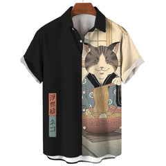 Men’s Samurai Cat Anime Hawaiian Shirt – Casual Short Sleeve Loose Fit Summer Top | Cool Graphic Streetwear Blouse