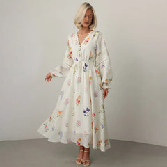Sweet Floral Printed Backless Maxi Dress for Women – Lantern Sleeve, High Waist Long Robe | Summer Vacation Outfit