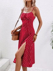 Women's Polka Dot Spaghetti Strap Summer Dress – Sleeveless Slit Midi Dress | Boho Casual Beachwear