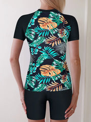 Women's 2-Piece Surfing Swimsuit – Short Sleeve Drawstring Print Swimwear Set