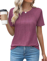 Women's V-Neck Tunic Top – Puff Pleated Short Sleeve Summer Blouse | Casual & Workwear Fashion Shirt
