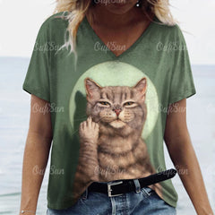 Summer Women’s Cat Print T-Shirt – Casual 3D Short Sleeve Crew Neck Pullover, Oversized Streetwear