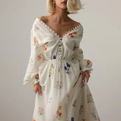 Sweet Floral Printed Backless Maxi Dress for Women – Lantern Sleeve, High Waist Long Robe | Summer Vacation Outfit