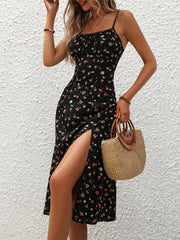 Women's Polka Dot Spaghetti Strap Summer Dress – Sleeveless Slit Midi Dress | Boho Casual Beachwear