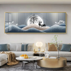 Chinese Style Golden Leaves & Deer Canvas Painting – Feng Shui Mountain Wall Art for Living Room (Unframed)